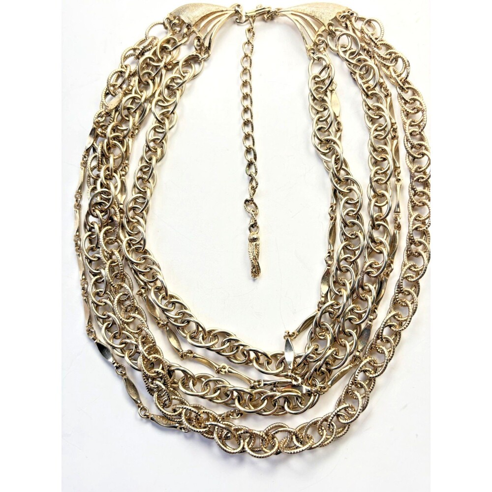 Vintage Gold Tone Multi Strand Chain Bib Statement Necklace Adjustable 1970s